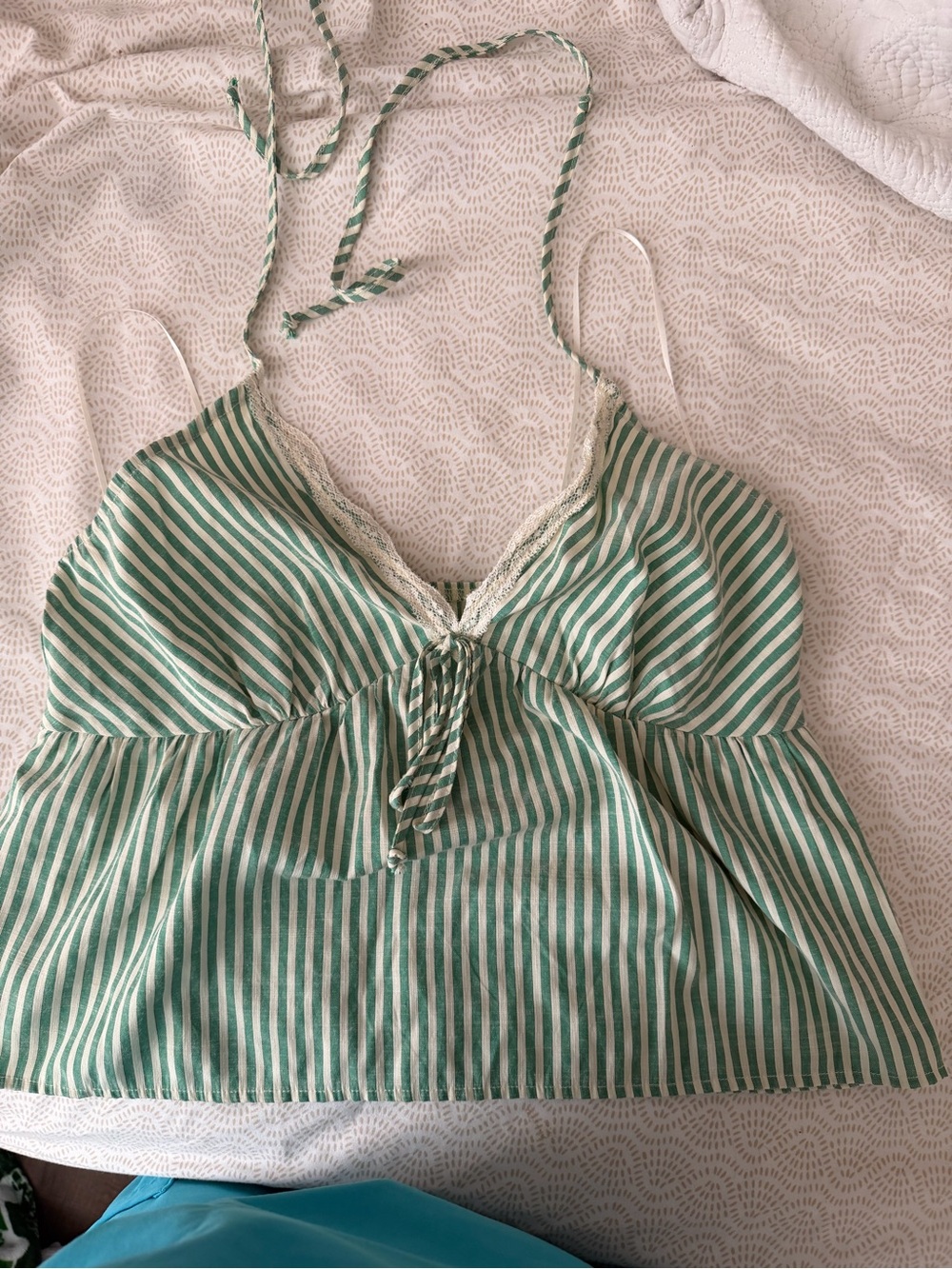 Green and White Striped Lace-Trim Two Piece Set - Picture 4 of 5